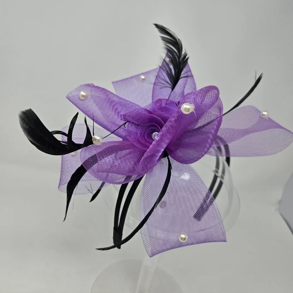 HANDMADE VINTAGE FASCINATOR HEADBAND BLACK & PURPLE KENTUCKY DERBY WOMEN OS